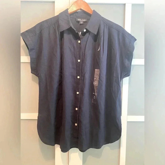 Nautica Women's Linen Viscose Navy Blue Short Sleeve Button Down Shirt Small NWT - Picture 3 of 9
